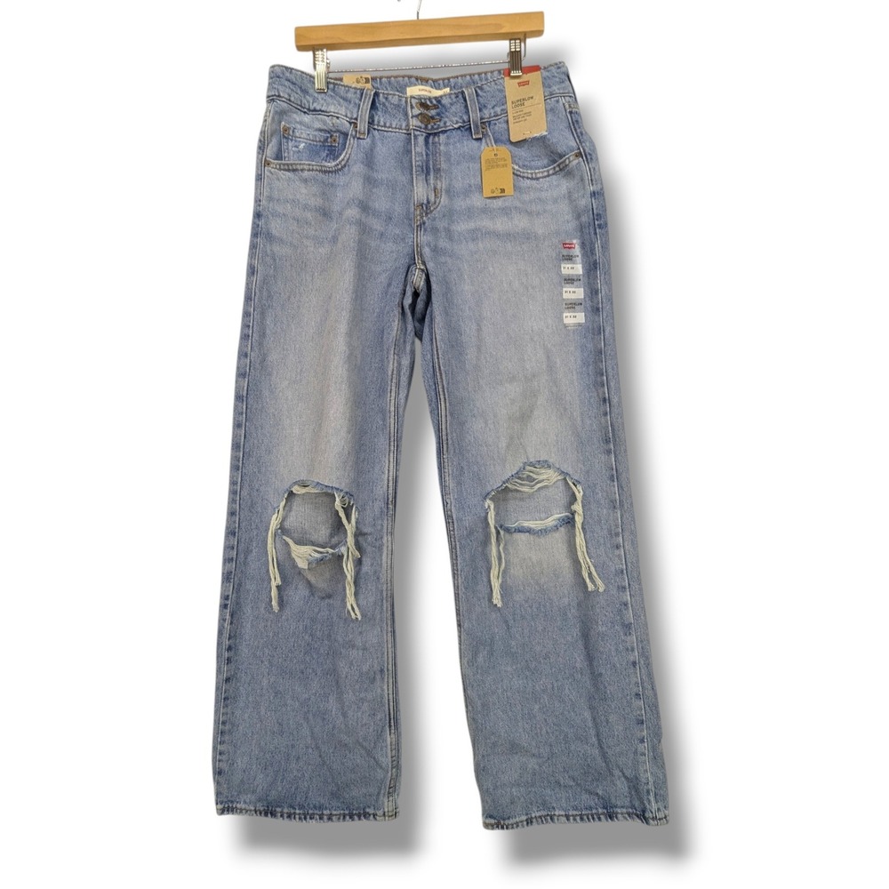 Levis Superlow Loose Distressed Low Rise Straight Leg Jeans Blue 31x32 NWT